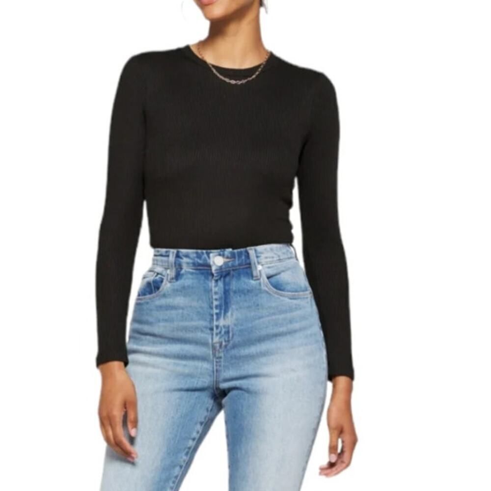 AllSaints Bodysuit Women's 2 Black Ribbed Open Back Long Sleeve Thong NWOT